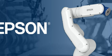 picture of EPSON's VT series 6-axis robot on blue background with EPSON logo