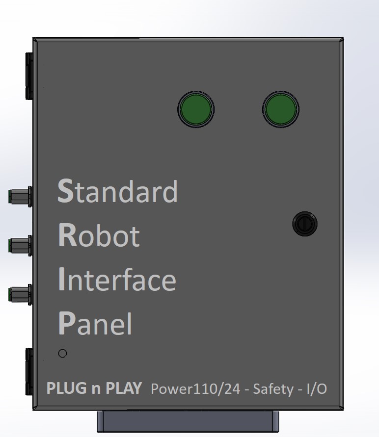2D animated gray and rectangular panel. There are two green dots in the top right corner of the panel and below those two green dots is a smaller, black dot. The words 'Standard Robot Interface Panel' are written on the left-side of panel. At the very bottom of the panel, there is text that reads "PLUG n PLAY Power 110/24 - Safety - I/O"